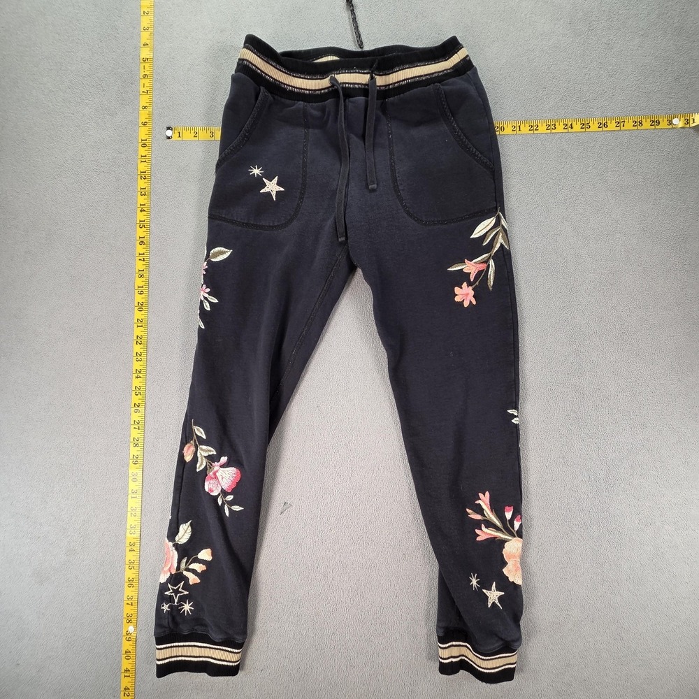 JW Los Angeles Pants Womens XS Black Fleece Jogger Sweatpants Floral Embroidered